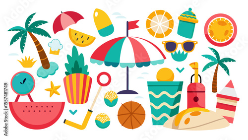 Isolated on white background, this bright and cheerful illustration features a collection of summer icons, including palm trees, beach umbrellas, and various fruits, creating a fun and vibrant mood