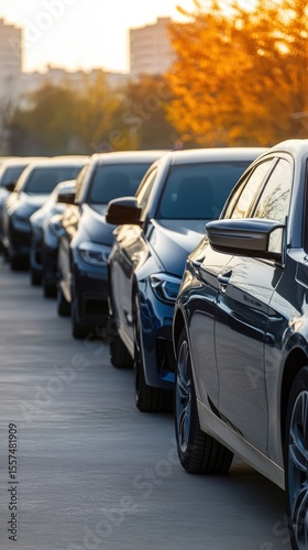 Long perspective view of airport rental car parking area with vehicles arranged in precise organized rows showcasing transportation industry efficiency for automotive business concept