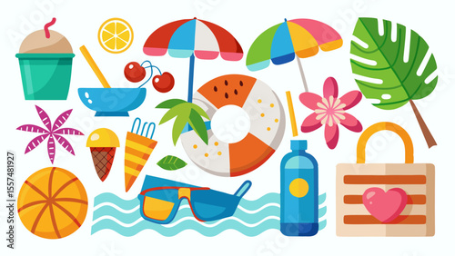 A collection of summer beach elements is shown isolated on white background including umbrellas, drinks, sunglasses, and tropical leaves