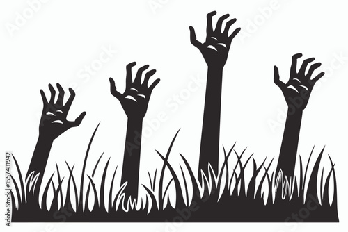 Zombie hands rising from the ground in black and white silhouette