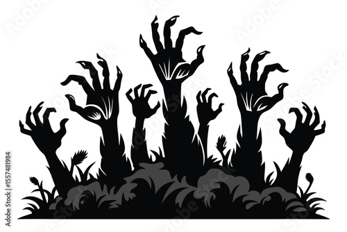 Zombie hands rising from the grave in a spooky Halloween illustration