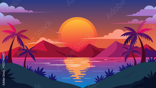 A picturesque sunset over a tropical ocean, with palm trees silhouetted against vibrant mountains and a calm sea reflecting the warm light
