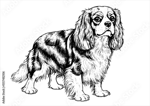 Cavalier King Charles Spaniel pet portrait engraving intricate retro hand drawn style line art black and white vector illustration, isolated on white background