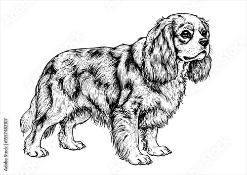 Cavalier King Charles Spaniel pet portrait engraving intricate retro hand drawn style line art black and white vector illustration, isolated on white background