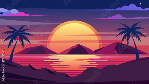 Silhouetted palm trees flank a vibrant sunset over a tropical ocean beach, with colorful mountains reflected in the calm water