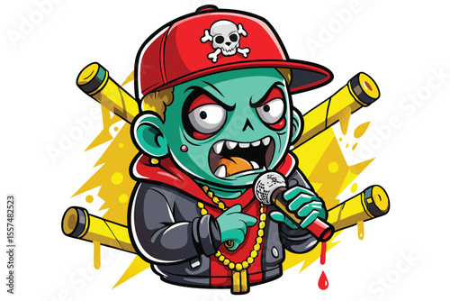 Cartoon Zombie Rapper with Microphone and Baseball Bats Illustration