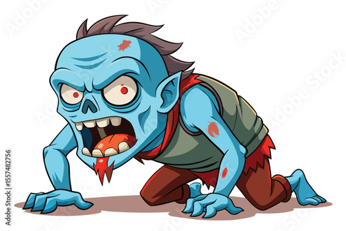 Cartoon zombie crawling with open mouth and red eyes illustration