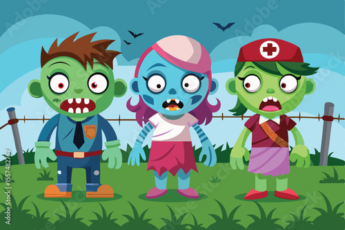 Cartoon Illustration of Three Halloween Zombies Standing in a Field