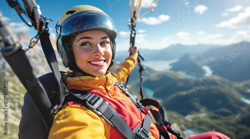 Smiling Woman Paragliding Over Majestic Mountains