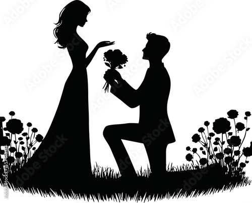 Silhouette of man proposing to woman vector on white background