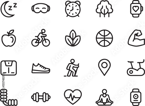 Well-being Essentials: A collection of line art icons depicts essential elements for a healthy lifestyle, promoting wellness, balance, and an active life.
