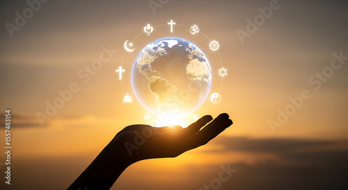Global religions unite around the earth held in caring hands at sunset