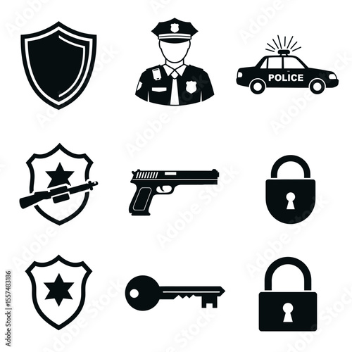 Serious Police Officer Icon Set: Security, Law Enforcement, Protection, and Safety Symbols.