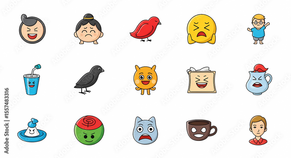 Obraz premium Collection of Cute Cartoon Emoticons and Emoji Characters on White Background