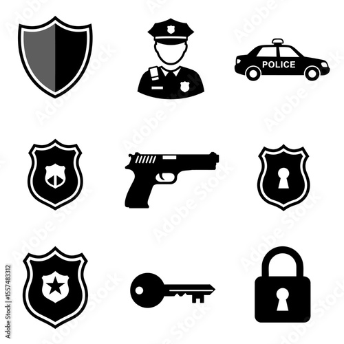 Serious Police Officer Icon Set: Security, Law Enforcement, Protection, and Safety Symbols.
