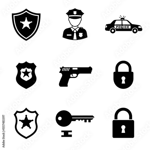 Serious Police Officer Icon Set: Security, Law Enforcement, Protection, and Safety Symbols.