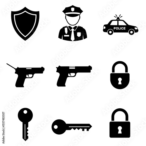 Serious Police Officer Icon Set: Security, Law Enforcement, Protection, and Safety Symbols.