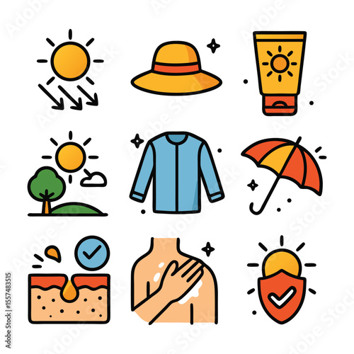 Nine sun protection icons including sunscreen. Ideal for skincare websites, brochures, healthrelated designs, and summerthemed graphics.