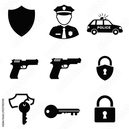 Serious Police Officer Icon Set: Security, Law Enforcement, Protection, and Safety Symbols.