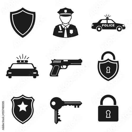 Serious Police Officer Icon Set: Security, Law Enforcement, Protection, and Safety Symbols.