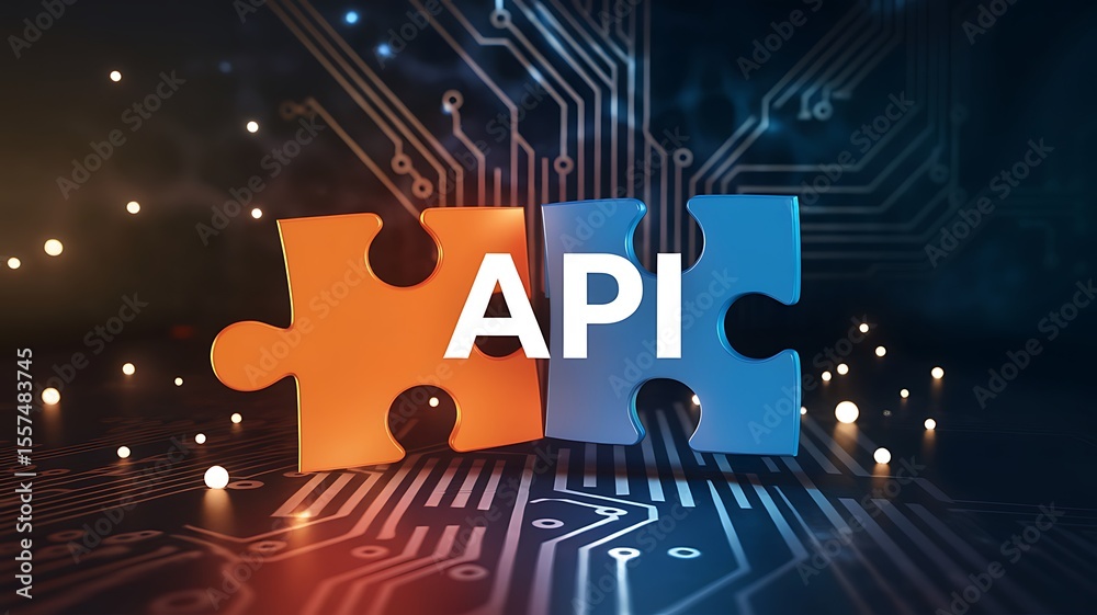 Obraz premium Orange blue puzzle pieces forming A P I on circuit board application programming interface
