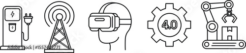 Industry 4.0 Icons: Modern monochromatic icons represent the key technological components of the fourth industrial revolution, reflecting innovation, connectivity, and automation.