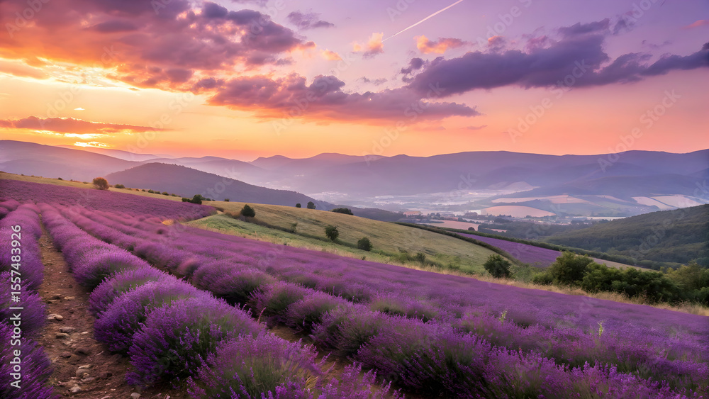 Fototapeta premium A vibrant purple lavender field in Provence, France, bathed in the warm glow of a summer sunset