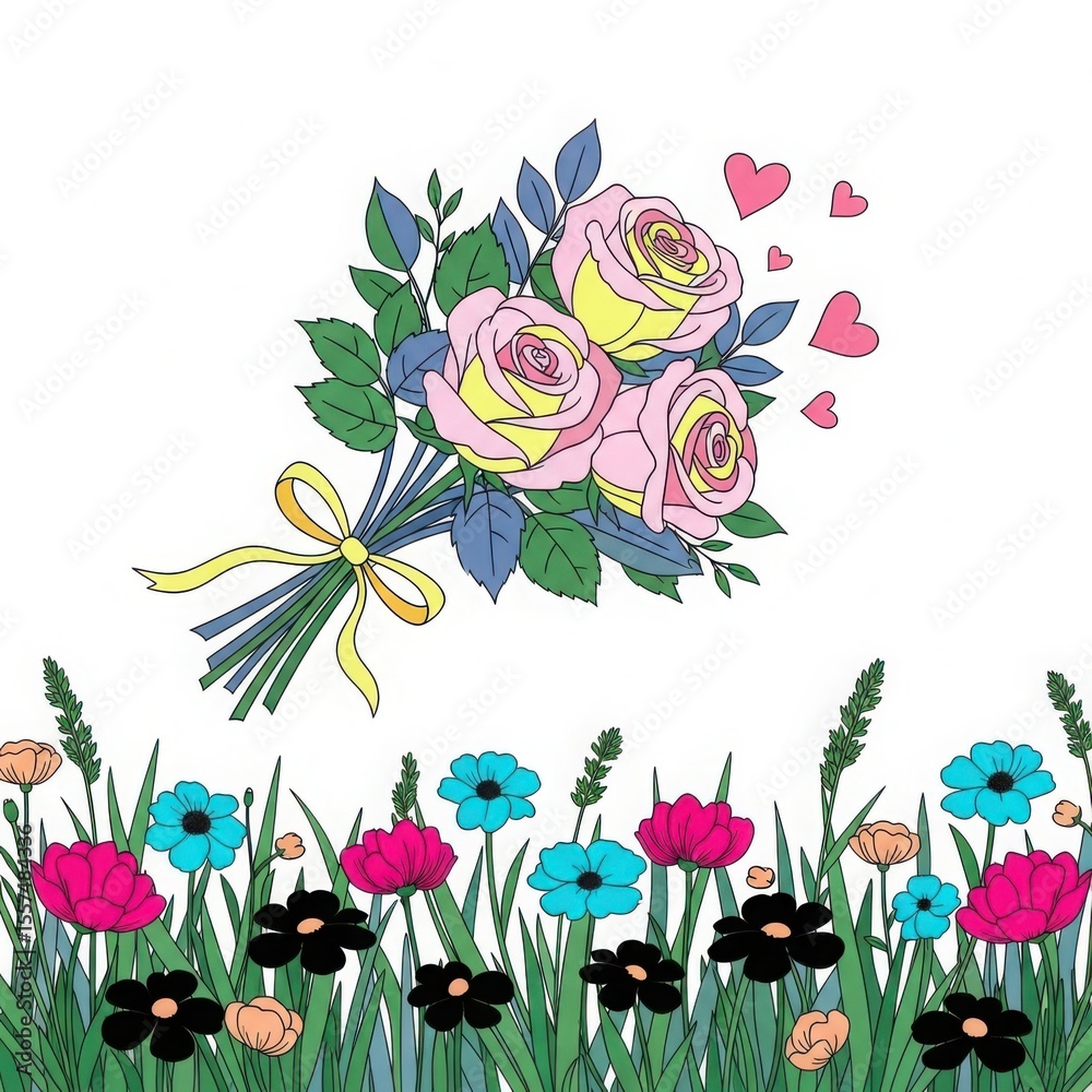 Obraz premium A cheerful bouquet of pink and yellow roses with a yellow ribbon sits above a border of colorful wildflowers and green grass