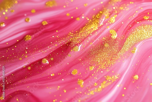 A close-up of vibrant pink marble ink with scattered golden glitter particles creating a radiant and sparkling design
