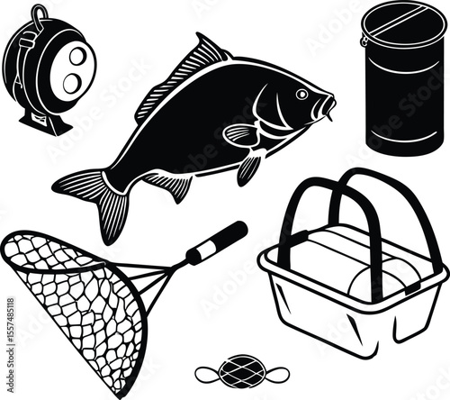 Fishing Equipment Icons Set – Fish, Net, Reel, Basket, and Accessories Silhouette Vector