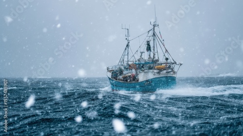 Fishing boat sailing in rough sea during snowfall