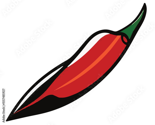 
A simple yet bold vector illustration of a red chili pepper with a green stem, signifying spice, heat, or culinary themes.