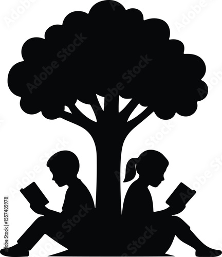 Silhouette children reading books sitting under tree Vector illustration