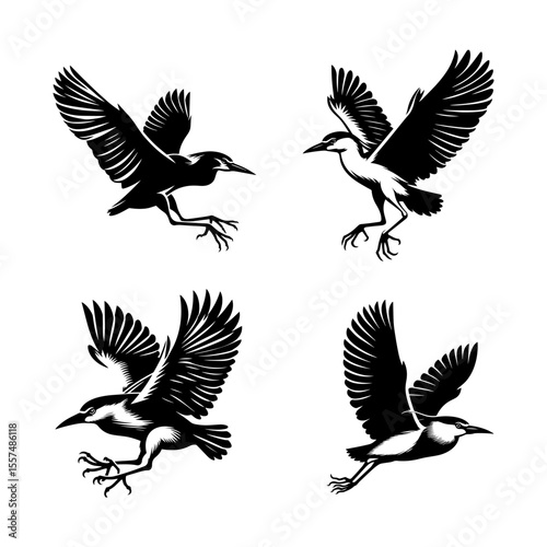 Black-crowned Night Heron Flying Silhouette Vector Set – Wading Bird in Motion Isolated on White