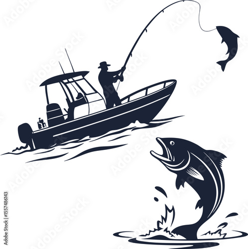 Fishing Boat Catching Fish – Angler and Jumping Fish Silhouette Vector Illustration
