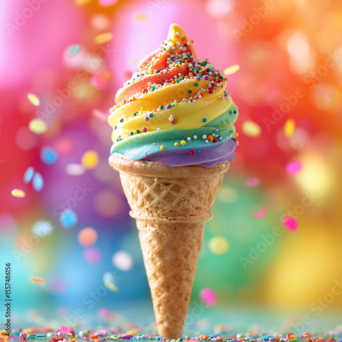 Rainbow Swirl Ice Cream Cone with Sprinkles, Pride month Celebration