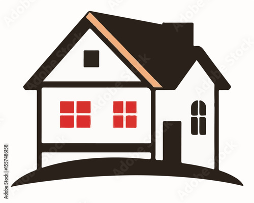 A charming vector illustration of a white house with a dark brown roof, brown door, and bright red windows, suggesting home, real estate, or family.