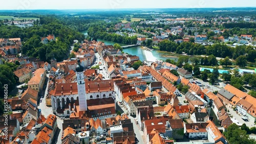 Landsberg am Lech, charming Bavarian town captured from drone. Historic old town, Lech River, Mariä Himmelfahrt Church, aquapark, small waterfall and colorful summer scenery