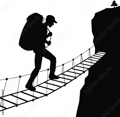 Hiker Crossing Rope Bridge – Mountain Adventure Silhouette Vector