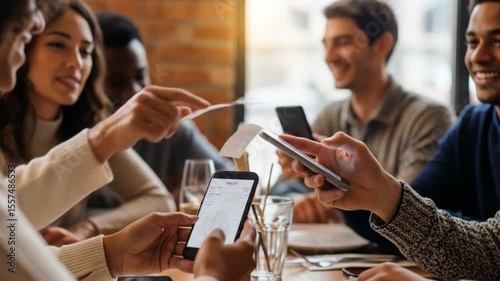 Friends splitting restaurant bill using mobile payment apps on smartphones at a table