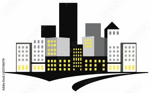 A minimalist vector cityscape at night with illuminated yellow windows in varying grey buildings, and a dark road, against a white background.