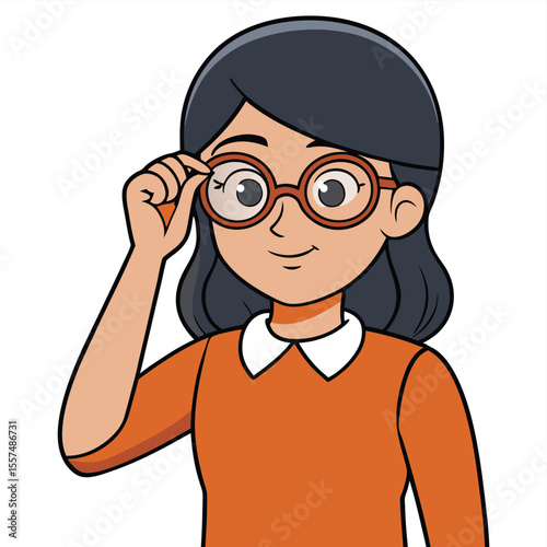 A woman adjusting her eyeglasses, showing focus and thoughtful attention on a clean white background.