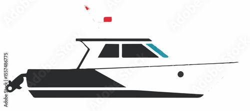 A modern vector illustration of a white and black yacht or motorboat with a blue window accent and red details, suggesting marine travel or luxury.