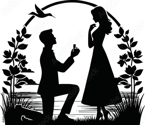 Silhouette of man proposing to woman vector on white background