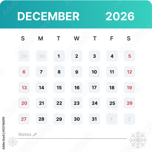 December 2026 Calendar Template With Clean Design, Rounded Corners