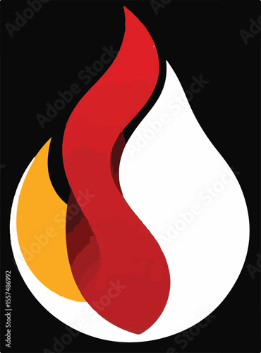 A striking vector image depicts a stylized flame with a vibrant red and yellow curve against a clean white teardrop shape, all on a dark background.