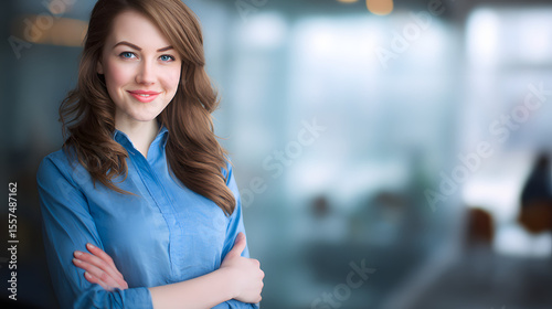 Free Download Confident businesswoman in office, poised and professional, embodying leadership and success - GFXLoad