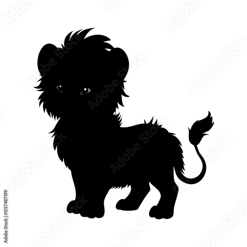 Cute baby lion full black silhouette vector illustration design