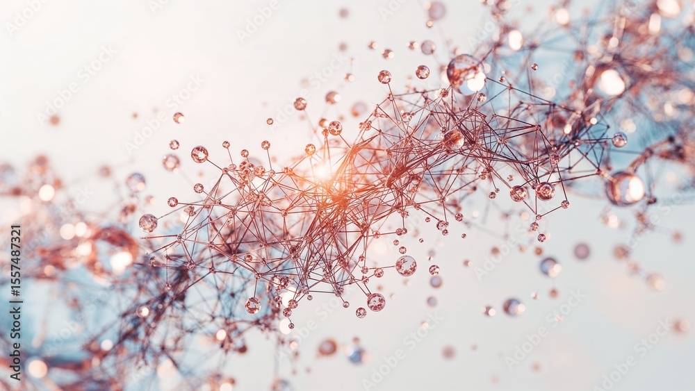 Naklejka premium Complex Mathematical Beauty Visualization of Interconnected Network Structures and Glassy Spheres, Illuminated by a Central Light Flare, Symbolizing Data, Connections, and Scientific Progress.