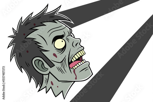 Cartoon Zombie Head with Blood and Gray Background Stripes Illustration